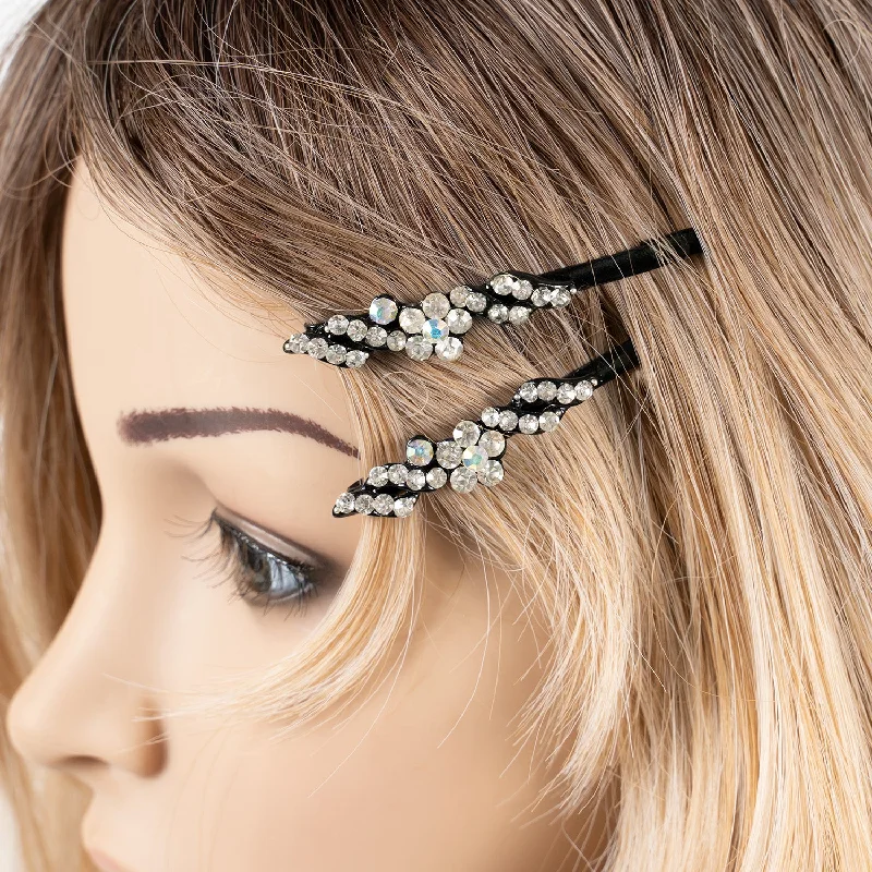 simple velvet hairpins for everyday wear-Black Grips with Flower Crystal Stones - Pair