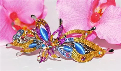 luxury pearl hair combs for formal events-Colorful Butterfly Automatic Barrette with Swarovski Crystals