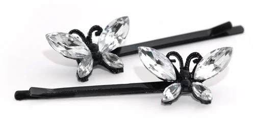 romantic flower hairbands for weddings-Crystal Butterflies on Black Enamel Grips - Pair