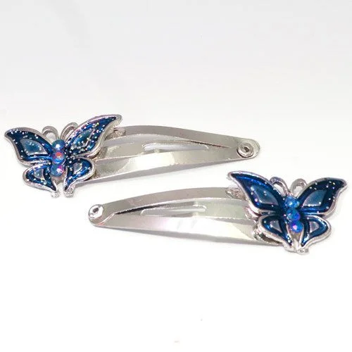 luxury tiaras for bridal hairstyles-Epoxy Blue Butterfly Shaped Metal Sleepies - Pair