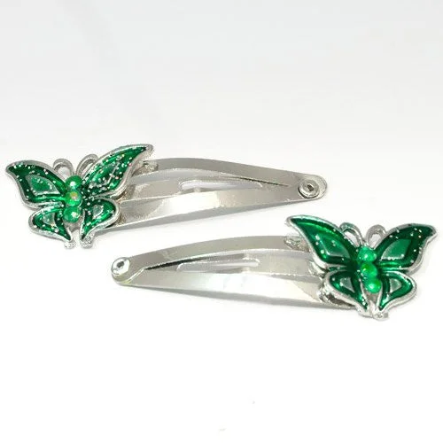 bold statement hairpins for fashionistas-Epoxy Green Butterfly Shaped Metal Sleepies - Pair