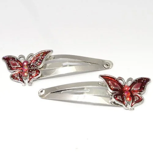 elegant bridal hair clips for updos-Epoxy Red Butterfly Shaped Metal Sleepies - Pair