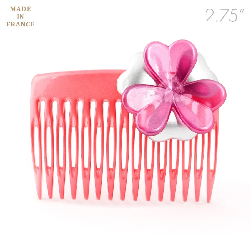 luxury hair clips for short hair-French Medium Pink Hair Comb with Flower