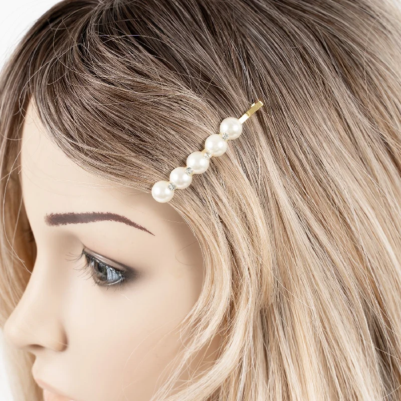 elegant crystal headbands for weddings-Gilt Grip with Pearl and Crystal Stones - Pair