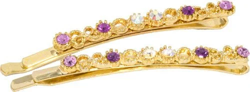 glamorous hair clips for bridal looks-Glit Filigree Grips with Purple Colored Crystals - Pair