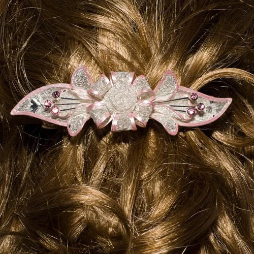 luxurious pearl flower clips for bridal wear-Mesh Bow Swarovski Crystal Barrette in Silver and Light Pink