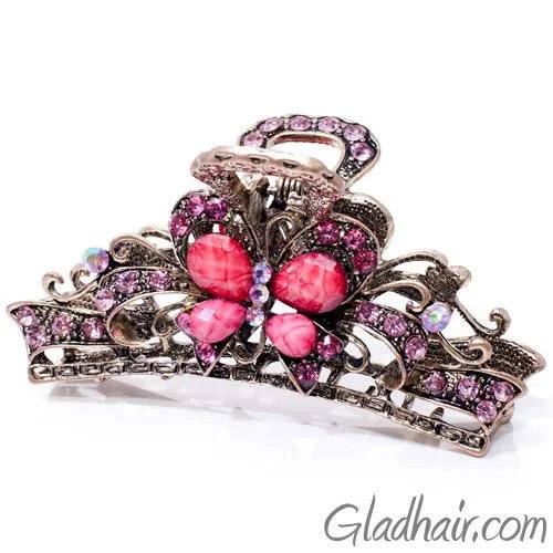 chic satin headbands for casual style-Metal Butterfly Style Hair Claw with Pink Crystals