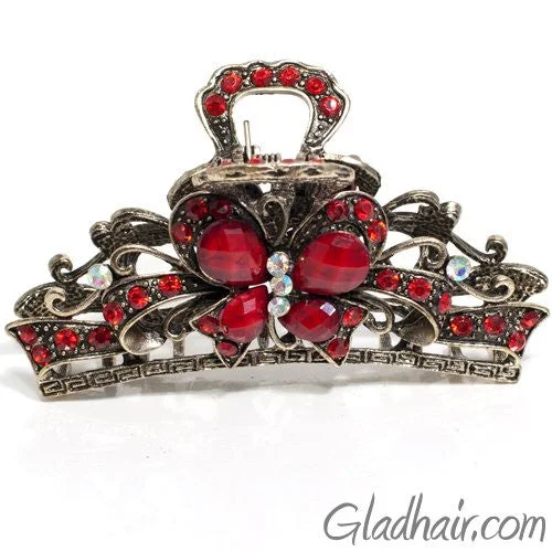 colorful satin clips for chic hairdos-Metal Butterfly Style Hair Claw with Red Crystals