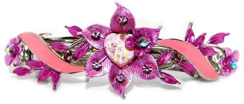 chic satin bobby pins for everyday use-Swarovski  Crystals Purple with Pink Flower Automatic Barrette