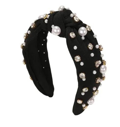 delicate satin hairbands for weddings-RHINESTONE PEARL HEADBAND -  BLACK