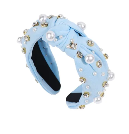 rhinestone hairbands for bridal looks-RHINESTONE PEARL HEADBAND -  LIGHT BLUE (Copy)