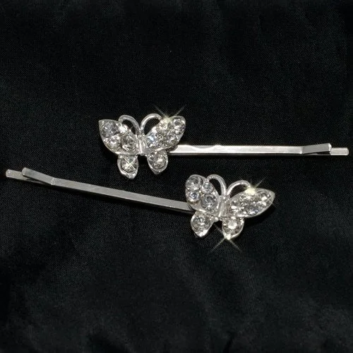 stylish rhinestone headbands for evening events-Silver Crystal Butterfly Grips - Pair