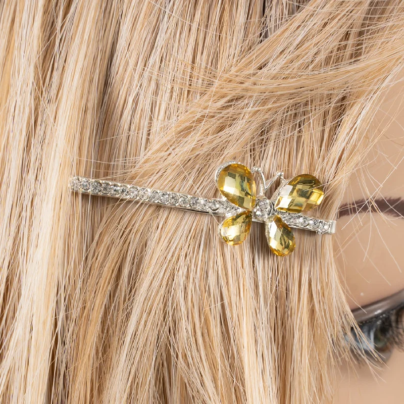 sparkling flower hairpins for special occasions-Silver Diamante Butterfly Grip with Yellow Butterfly - 1 piece