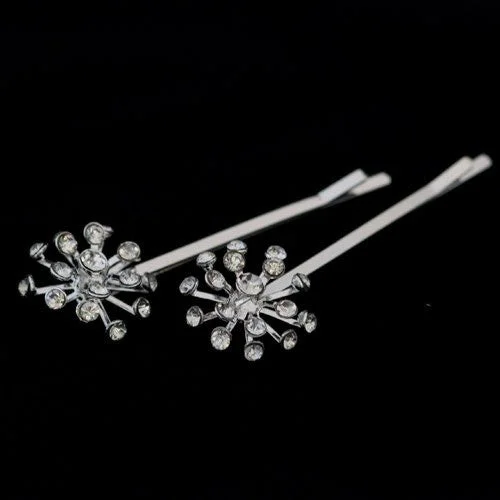 handmade crystal hairpins for bridal styles-Silver Grips with Starburst Top - Pair