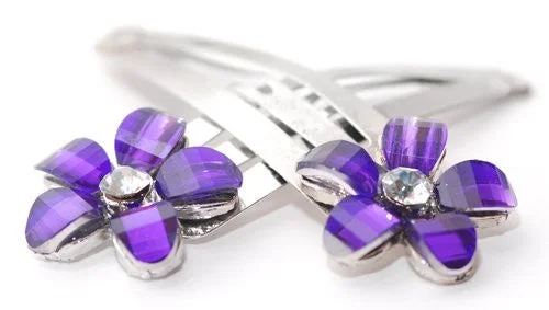 elegant crystal headbands for weddings-Silver Sleepies with Purple Coloured Daisy Top - Pair