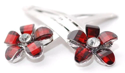 soft velvet hairpins for winter styles-Silver Sleepies with Red Coloured Daisy Top - Pair