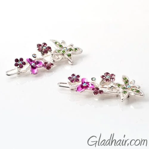 colorful rhinestone hair clips for bold looks-Swarovski Butterfly and Flower Barrette - Pair