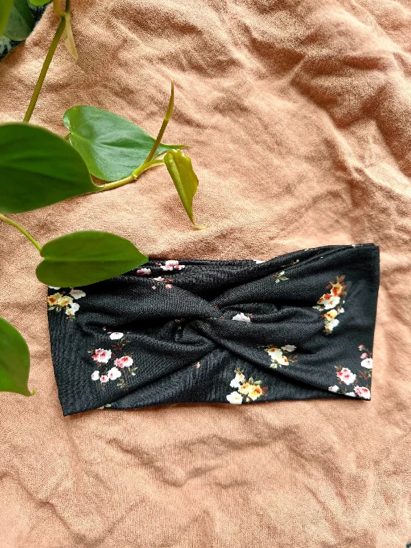 playful pom-pom headbands for kids-Twistband - Black Dainty Floral