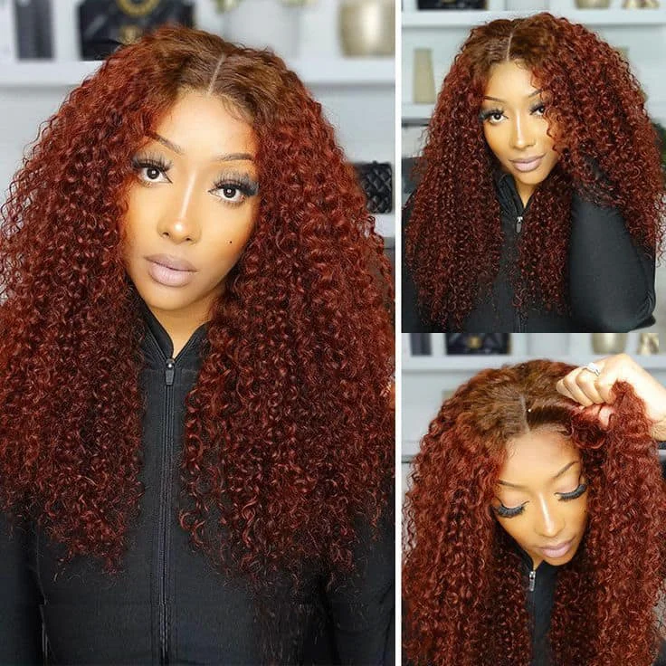 wigs for creating sophisticated updos-Dark Brown Roots #4/33 Colored Afro Kinky Curly 6x5 HD Lace 3D DOME Cap Glueless Pre-plucked Hair Pre-cut Lace Wear Go Wig