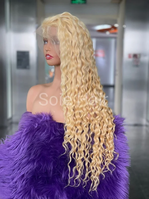 ombre wigs for a colorful transformation-Top Virgin Blonde 613 Curly Lace Frontal Wigs - Long