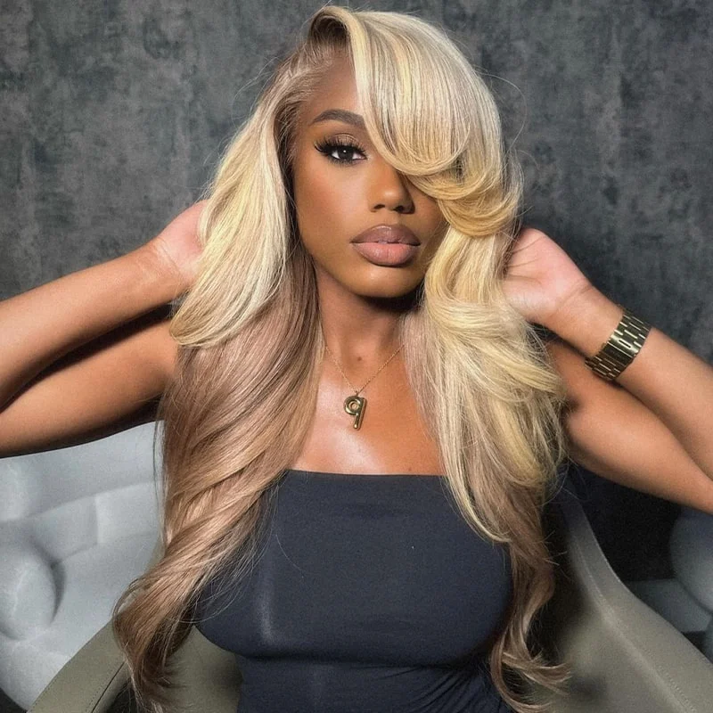 wigs for women who love to experiment with style-Megalook 13x4 Lace Front Champagne and Brown Ombre Colored 6x5 Wear Go Glueless Closure Wigs Caramel Macchiato Loose Body Wave Wigs