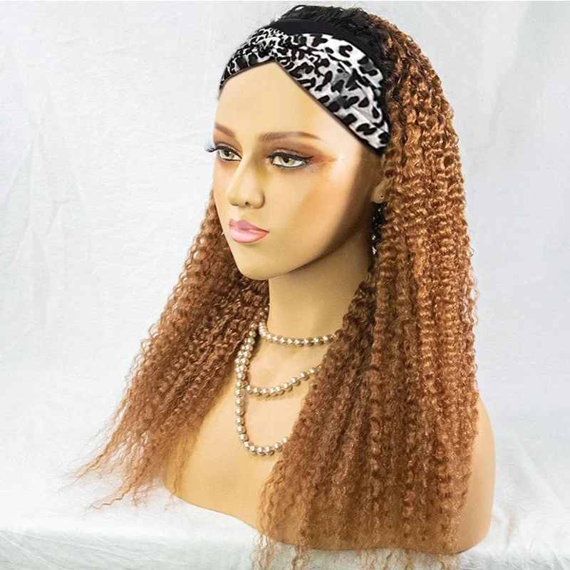 natural-looking human hair wigs-APRIL Customized #1B Roots Honey Blonde Curly Headband Wig *No Lace No Glue*