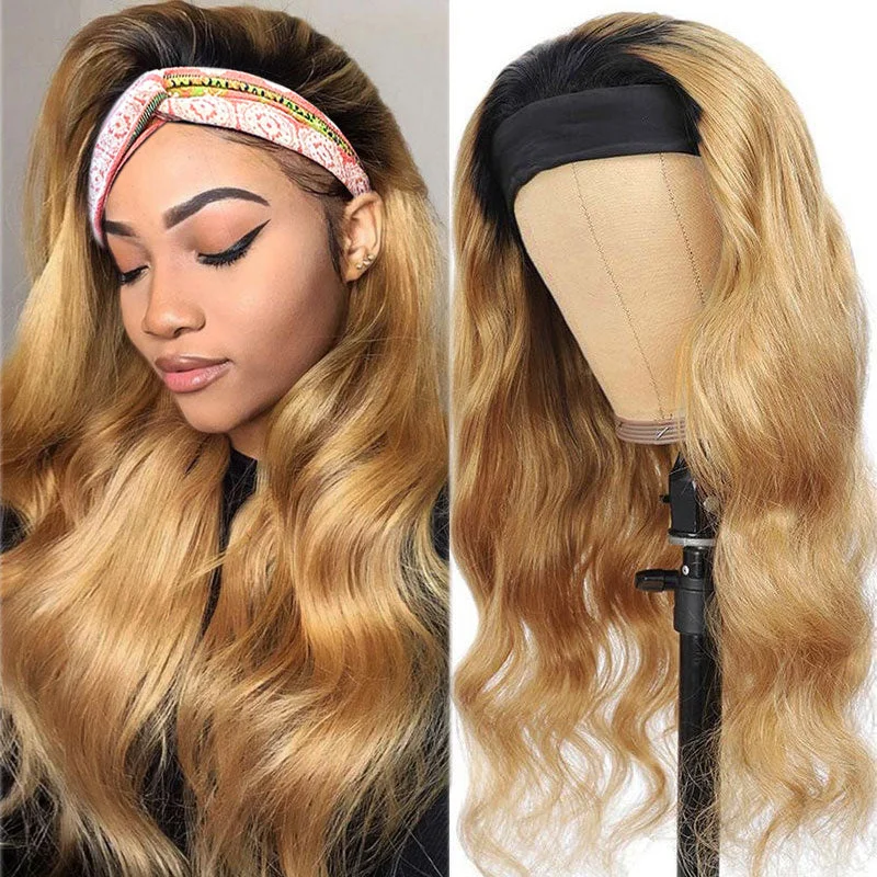 wigs for men with thinning hair-AMBER 🔥Customized #1B Roots Honey Blonde Body Wave Headband Wig *No Lace No Glue*