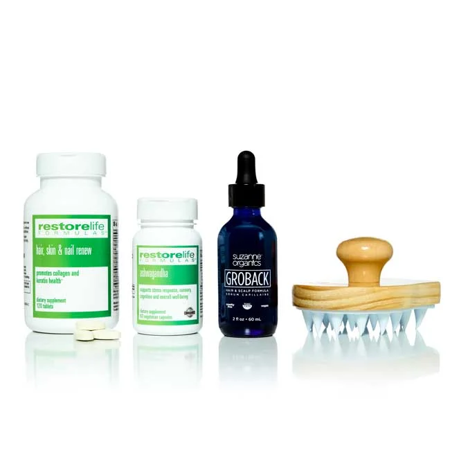 effective scalp treatments for reducing hair loss -GROBACK 3-Piece Kit (Groback Hair & Scalp Formula + Hair, Skin & Nail Renew + Ashwagandha + Free Scalp Massager)