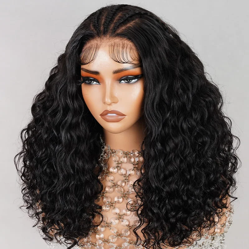 wigs for trendy styles with a natural touch-Megalook Designer 6x5 Glueless Lace Pre Bleached Tiny Knots Halo Braided Ocean Wave  Double Drawn Natural Black Hair Wig