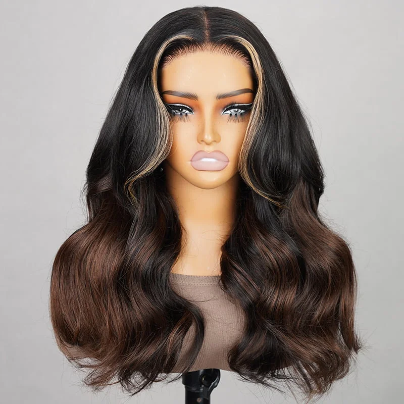 trendy wigs for youthful vibes-(Super Deal)Highlight Balayage With #4 Chestnut Brown Colored Loose Wavy Wig 5x6 Glueless Lace Front Wigs