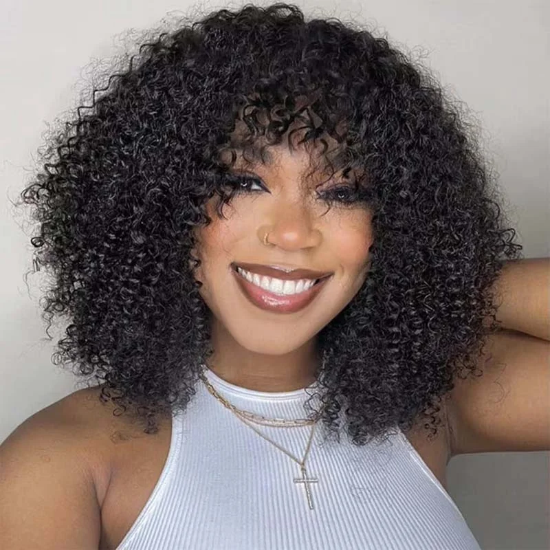 wigs for creating a polished, elegant finish-SELAH - Kinky Curly Wig with Bangs ✨NO LACE ✨Machine Made Wig