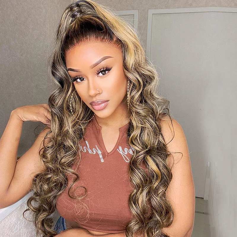 trendy wigs for creative styling options-Loose Wave 13x6 Lace Frontal Balayage Highlight Wigs Transparent HD Lace Wigs