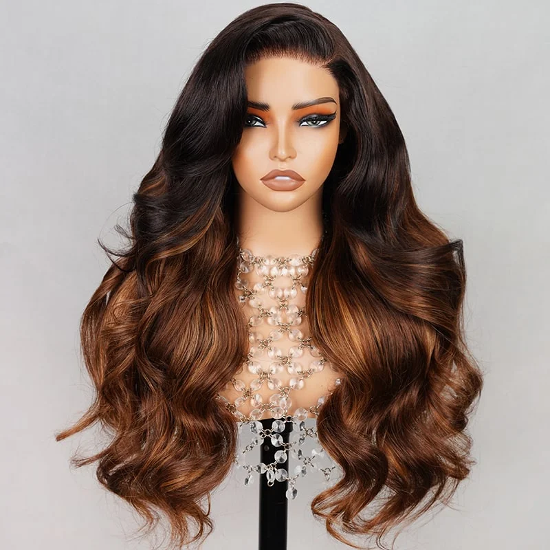 wigs for adding a burst of color-Megalook 6x5 Wear Go Layered Wavy Black Hair with Chestnut Brown Ombre 3D Dome Mini Knots Glueless Wigs