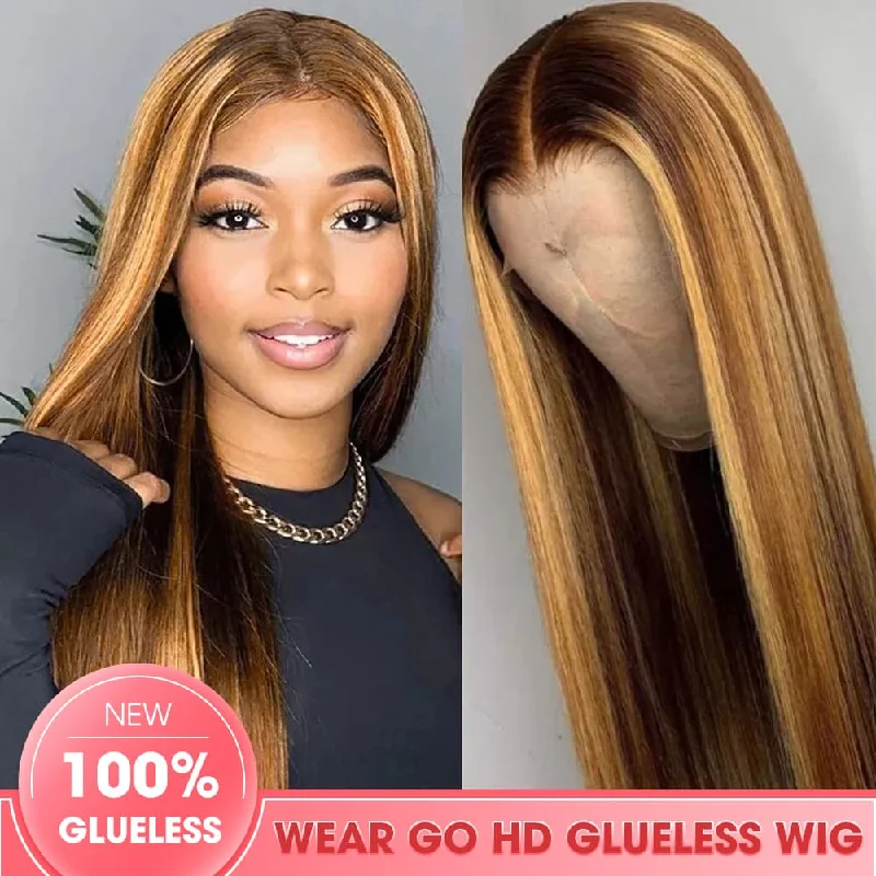 wigs for sleek, straight hairstyles-Megalook Pre Cut Lace New Launch Wear & Go Glueless HD Lace Wig 5x5 Highlight P4/27 Color Dome Cap Wigs