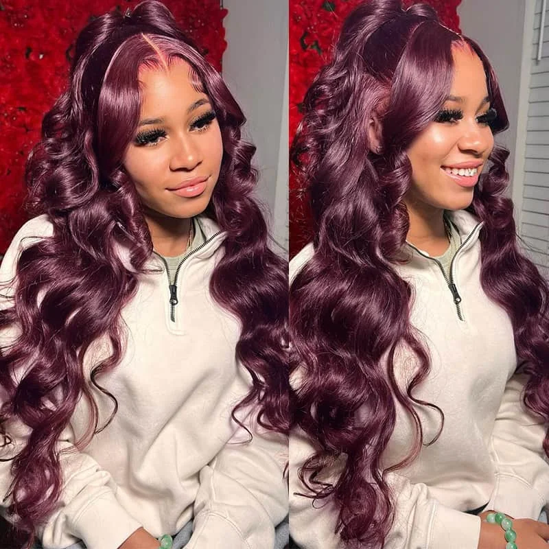 wigs for women with fine, delicate hair-Hot&Pop Trendy Dark Purple Plum Colored 13x4 Lace Front Silky Straight/Body Wave Wig