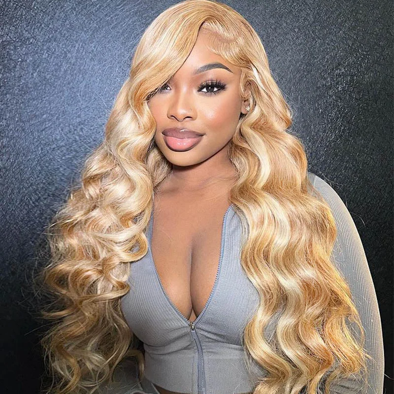 high-fashion wigs for show-stopping appearances-Megalook #P27/613 Blonde Highlight 6x5 Wear Go Glueless Wigs Body Wave Honey Blonde Wig With Blonde Highlights