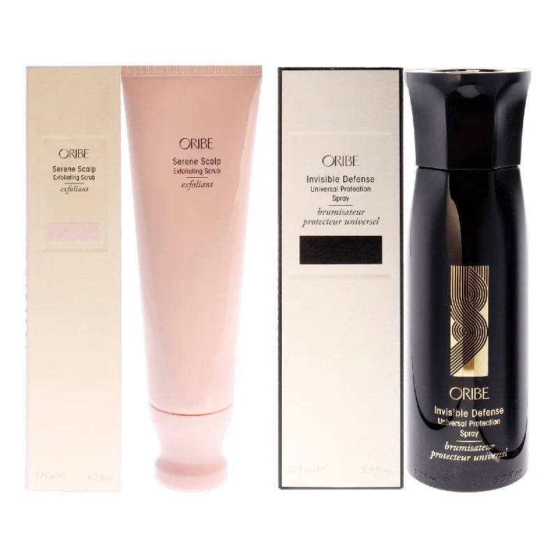 best hair care products for fine, oily hair -Oribe Serene Scalp Exfoliating Scrub and Invisible Defense Universal Protection Spray Kit by Oribe for Unisex - 2 Pc Kit 4.2oz Exfoliator, 5.9oz Hairspray