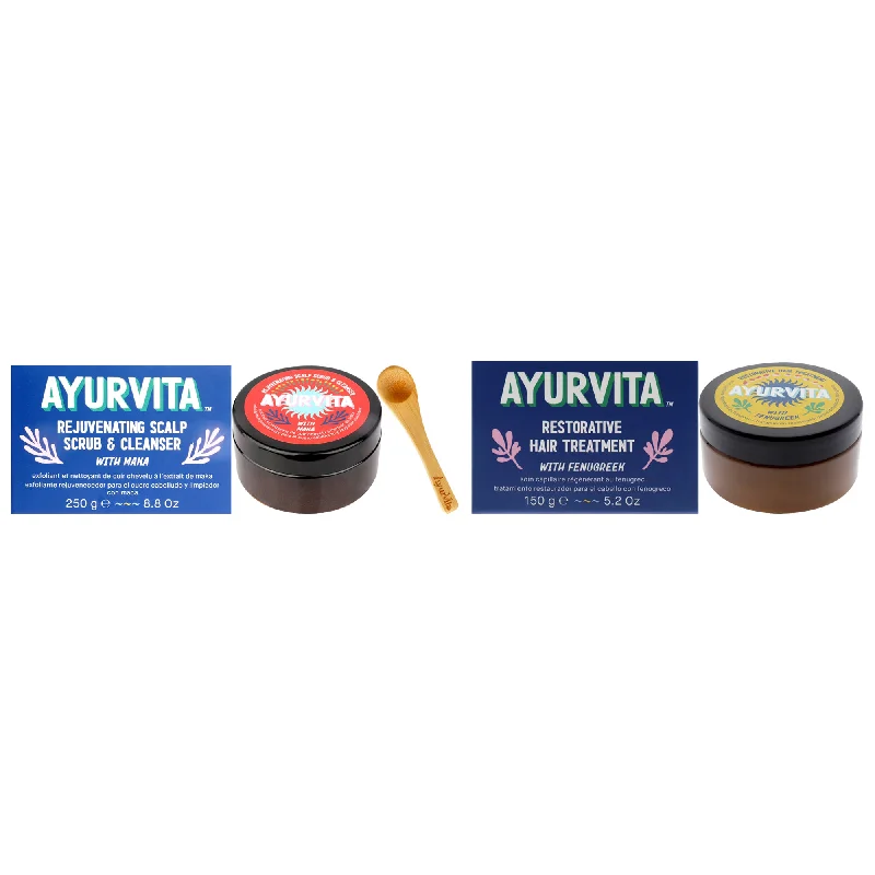 best products for repairing sun-damaged hair -AyurVita Restorative Hair Treatment With Fenugreek and Maka Rejuvenating Scalp Scrub and Cleanser Kit by AyurVita for Unisex - 2 Pc Kit 5.2oz Treatment, 6.7oz Cleanser