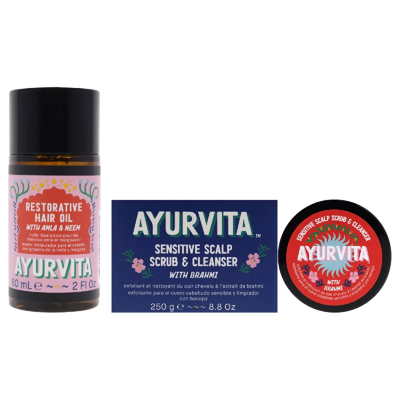 how to reduce scalp oil production naturally -AyurVita Amla and Neem Restorative Hair Oil with Brahmi Sensitive Scalp Scrub and Cleanser Kit by AyurVita for Unisex - 3 Pc Kit 2 x 2oz Oil, 8.8oz Cleanser