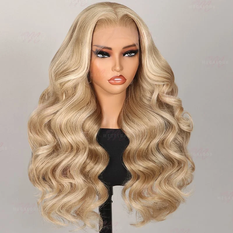 wigs for a fresh take on short styles-(Super Deal) 13x4 Lace Front Blonde Khaki Wig With Long Wavy For Women Straight Stylish 5x6 Wear Go Glueless Blonde Highlight Wig