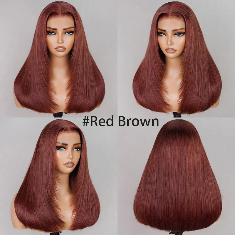 wigs for creating unique, bold hairdos-(Super Deal)Megalook Salon-Quality Red Brown Luxurious Glueless 6X5 HD Lace Wig Silky Straight Colored Double Drawn Wig