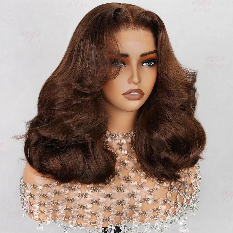 trendy short wigs for modern style-{Super Sale} Megalook Salon Series Cloud Wave Super Double Drawn #4 Chocolate Brown Pre Cut Glueless 6x5 Lace Closure Bob Wig